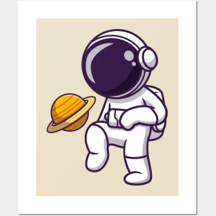 Cute Astronaut Playing Soccer Planet Cartoon Posters and Art